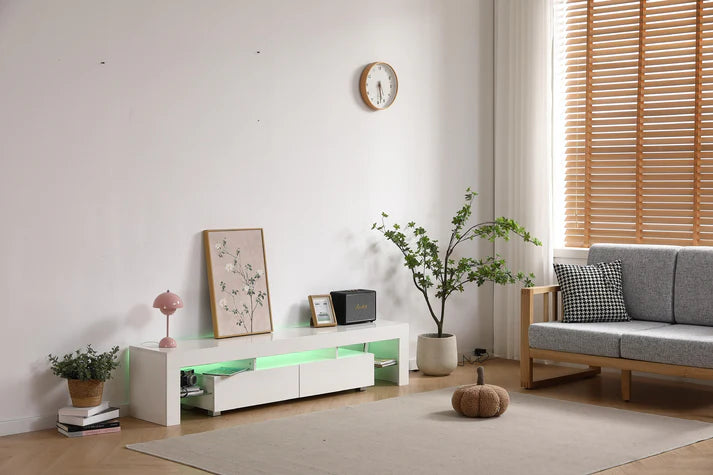 Meuble TV ECLIPSE Blanc – 180x35x38 cm – Design Moderne avec LED & Rangement Intégré