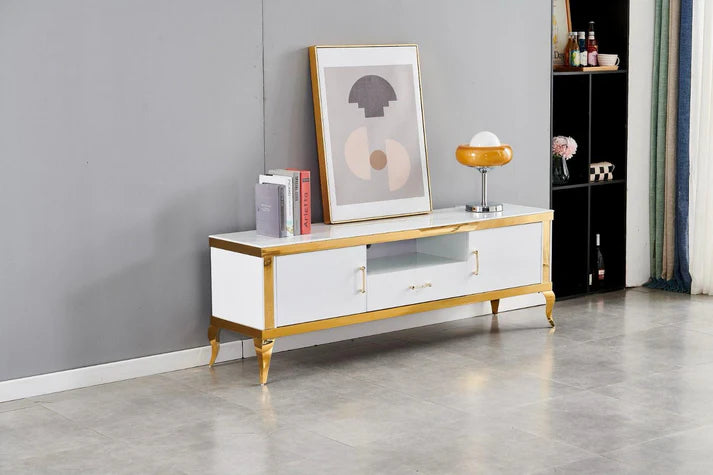 Meuble TV baroque marbre doré 170cm