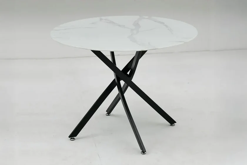 Jessy Table à manger Ronde 100cm marbre blanc pied noir