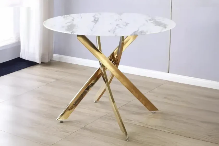 Jessy Table à manger Ronde 100cm marbre blanc pied or