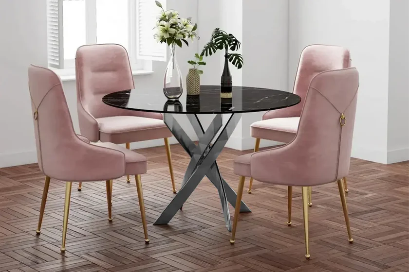 Jessy Table à manger Ronde 100cm marbre noir pied argent
