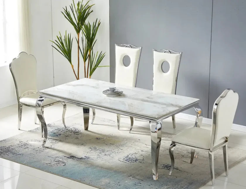 Table à Manger BAROQUE marbre blanc pied argent