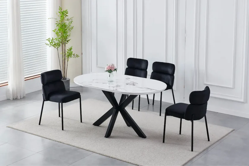 Table à manger XANA marbre blanc pied noir