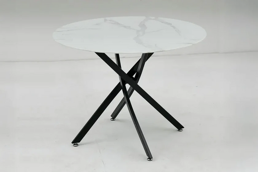 Jessy Table à manger Ronde 100cm marbre blanc pied noir