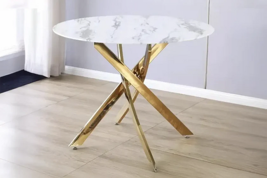 Jessy Table à manger Ronde 100cm marbre blanc pied or