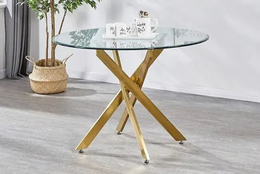 Jessy Table à manger Ronde 100cm en verre pied or
