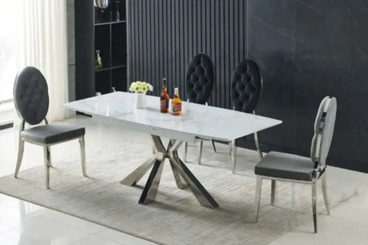 Table à manger Extensible 160-200cm marbre blanc pied argent