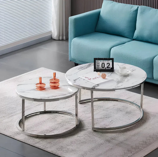 Table Basse Duo ROMI marbre blanc argent