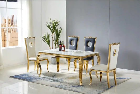 Table à Manger BAROQUE marbre blanc pied or