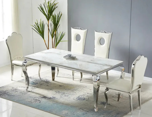 Table à Manger BAROQUE marbre blanc pied argent