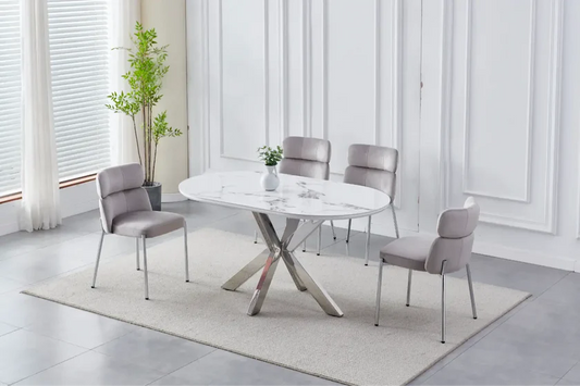 Table à manger XANA marbre blanc pied argent