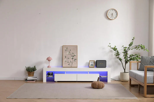 Meuble TV ECLIPSE Blanc – 180x35x38 cm – Design Moderne avec LED & Rangement Intégré